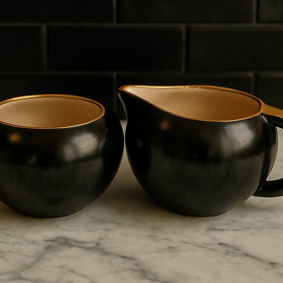 Villeroy and Boch Black and Gold Creamer and Sugar bowl. Vintage. Luxembourg - Picture 1 of 12